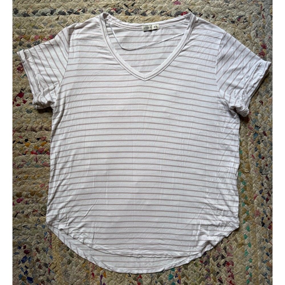 Cotton On Womens‎ V-Neck Striped Short Sleeve T-Shirt White Tan Size M